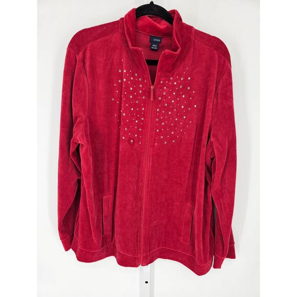 Basic Editions Women's Red Collared Long Sleeve Stone Zip Up Sweater Size XXL - Picture 1 of 5